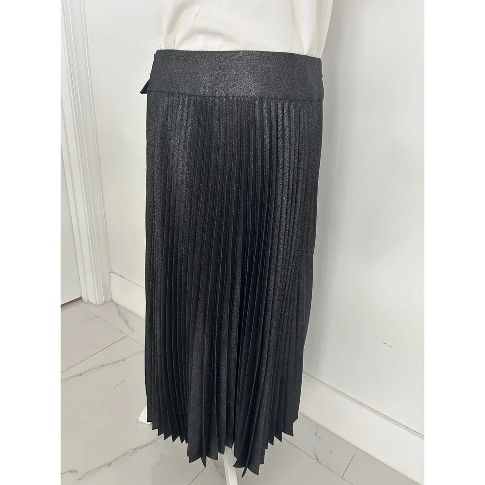 White House Black Market Metallic Pleated Wrap Midi Skirt Grey Shimmer Size 8